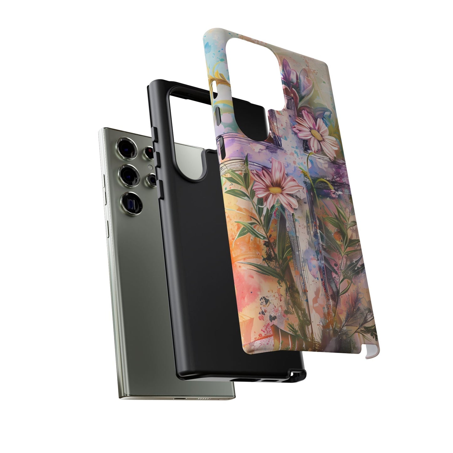 Watercolor Cross & Floral Art - Samsung Galaxy Case, Inspirational & Protective - BOGO Cases