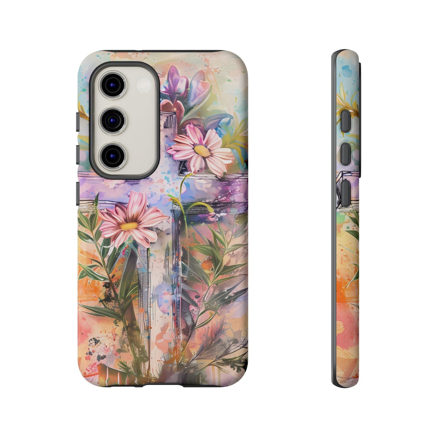 Watercolor Cross & Floral Art - Samsung Galaxy Case, Inspirational & Protective - BOGO Cases