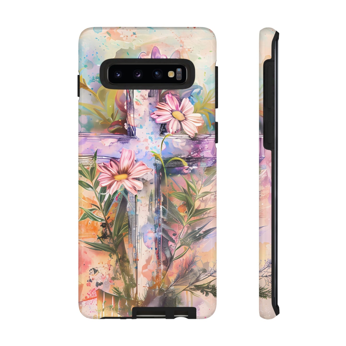 Watercolor Cross & Floral Art - Samsung Galaxy Case, Inspirational & Protective - BOGO Cases