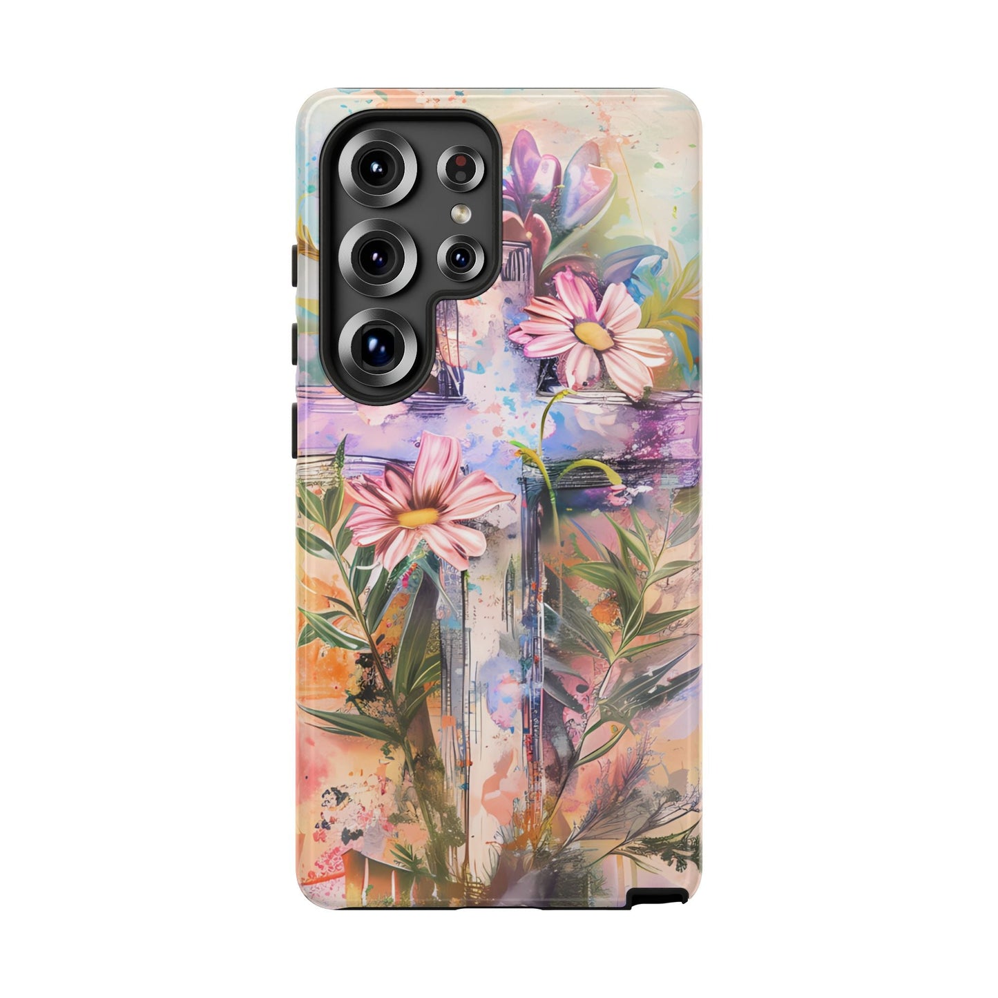 Watercolor Cross & Floral Art - Samsung Galaxy Case, Inspirational & Protective - BOGO Cases