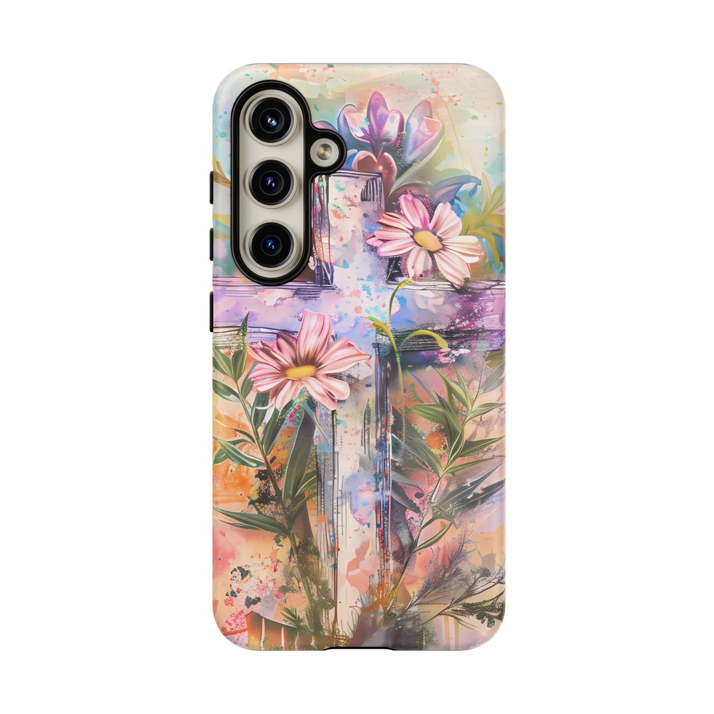 Watercolor Cross & Floral Art - Samsung Galaxy Case, Inspirational & Protective - BOGO Cases