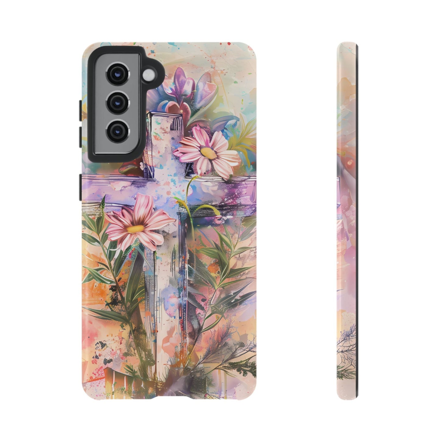 Watercolor Cross & Floral Art - Samsung Galaxy Case, Inspirational & Protective - BOGO Cases