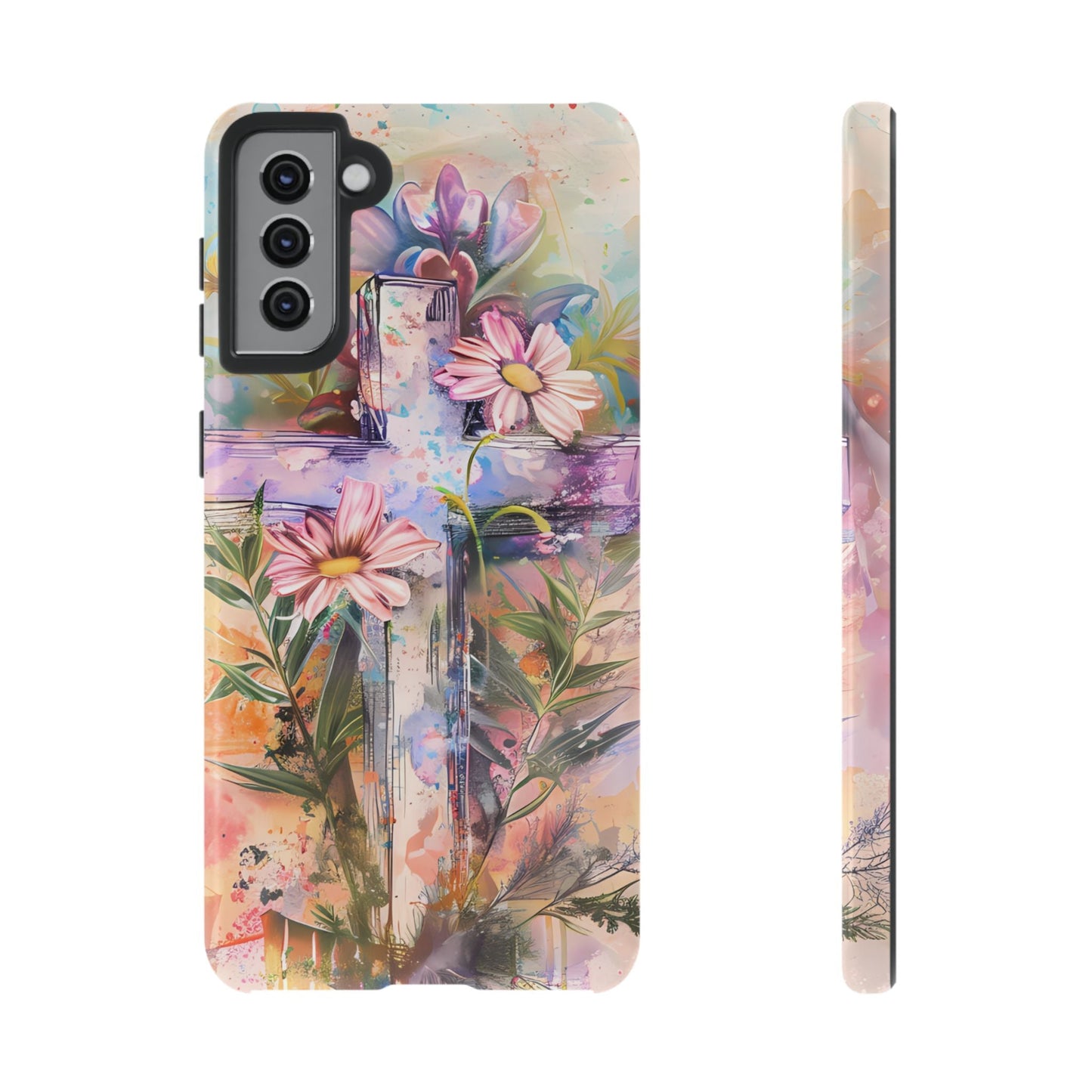 Watercolor Cross & Floral Art - Samsung Galaxy Case, Inspirational & Protective - BOGO Cases