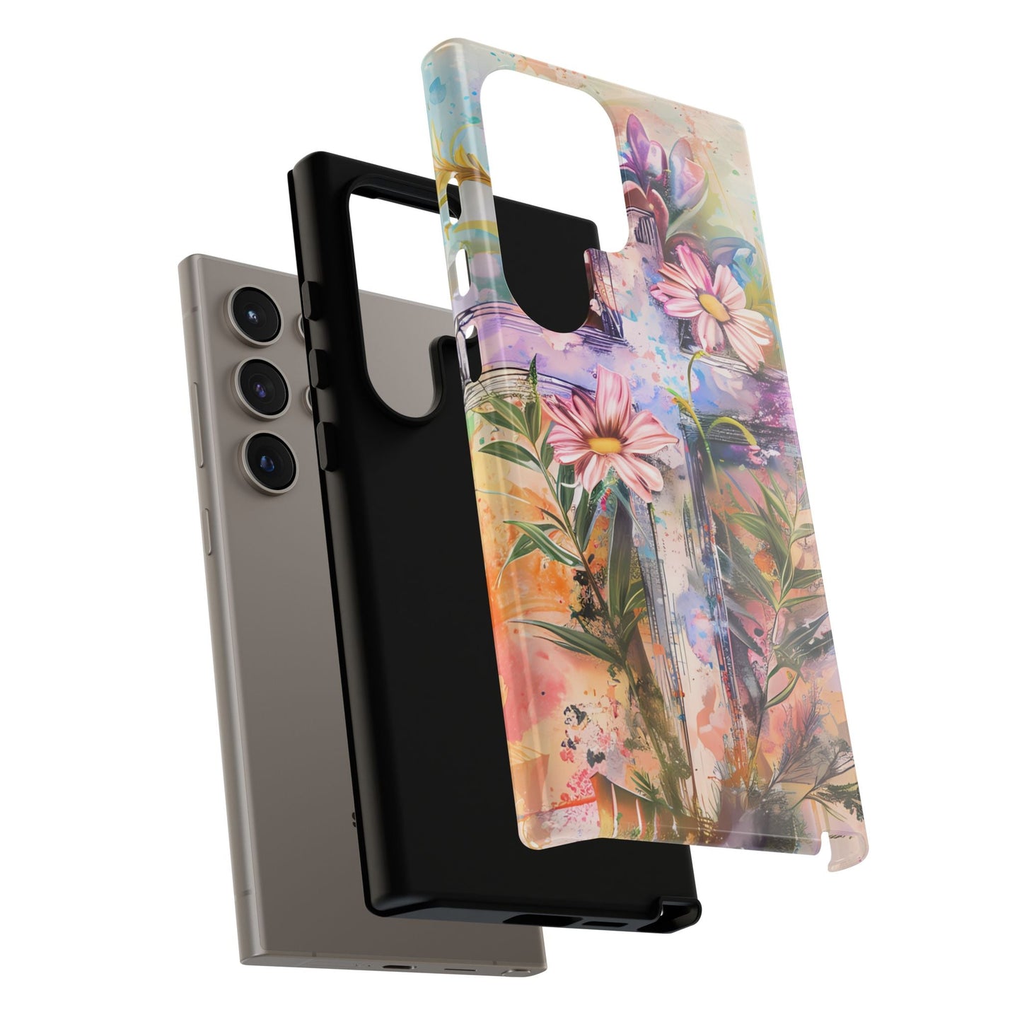 Watercolor Cross & Floral Art - Samsung Galaxy Case, Inspirational & Protective - BOGO Cases