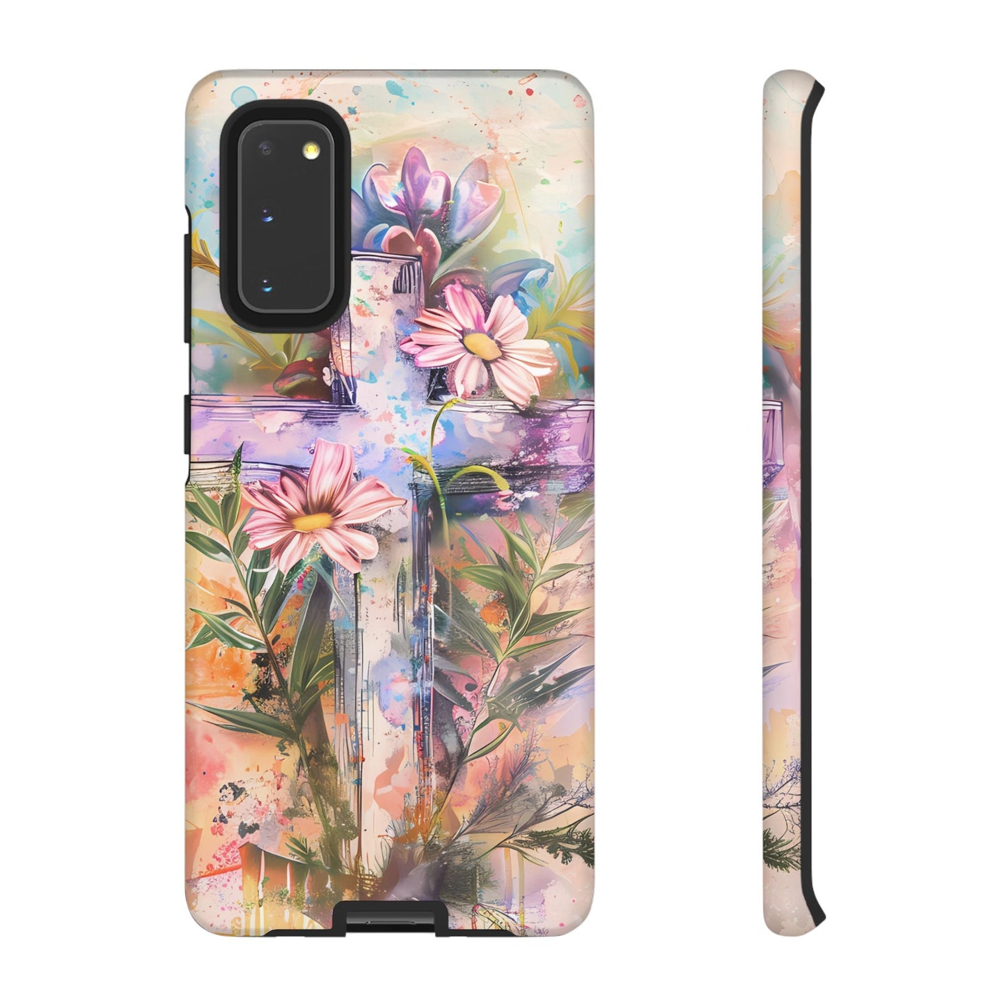 Watercolor Cross & Floral Art - Samsung Galaxy Case, Inspirational & Protective - BOGO Cases