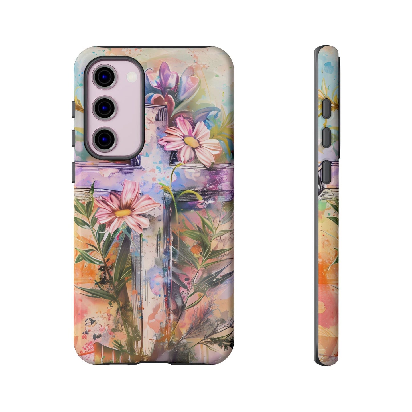 Watercolor Cross & Floral Art - Samsung Galaxy Case, Inspirational & Protective - BOGO Cases