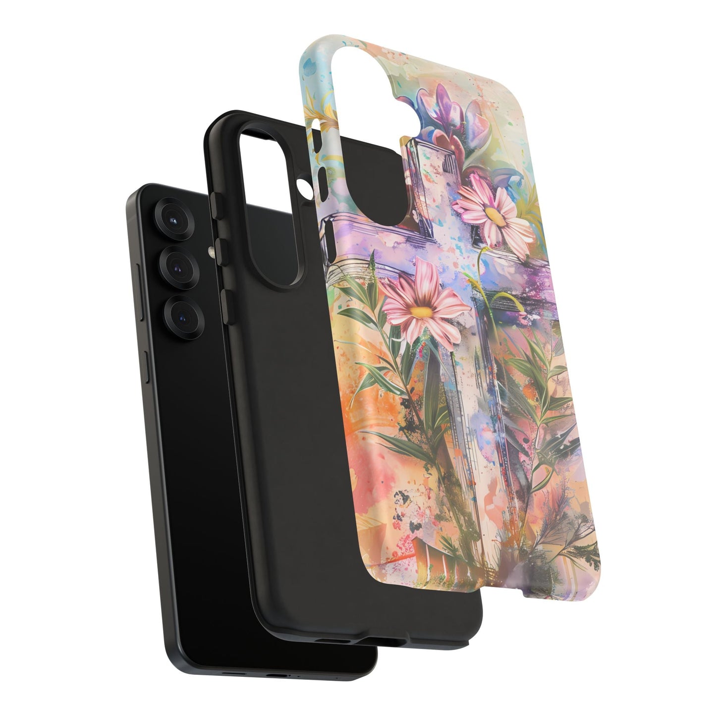 Watercolor Cross & Floral Art - Samsung Galaxy Case, Inspirational & Protective - BOGO Cases