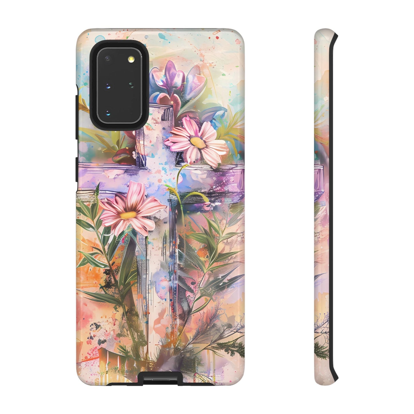 Watercolor Cross & Floral Art - Samsung Galaxy Case, Inspirational & Protective - BOGO Cases