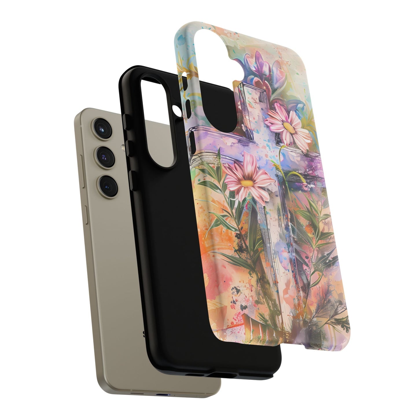 Watercolor Cross & Floral Art - Samsung Galaxy Case, Inspirational & Protective - BOGO Cases