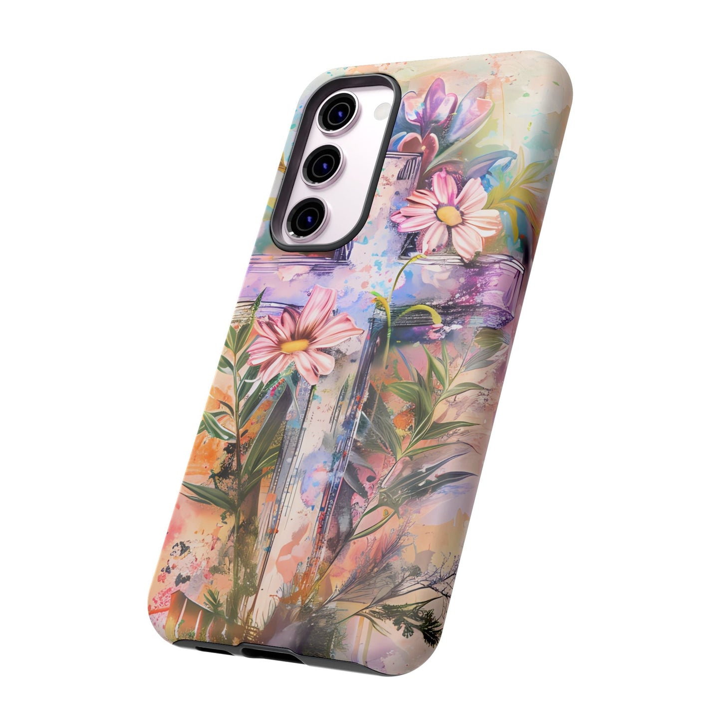 Watercolor Cross & Floral Art - Samsung Galaxy Case, Inspirational & Protective - BOGO Cases