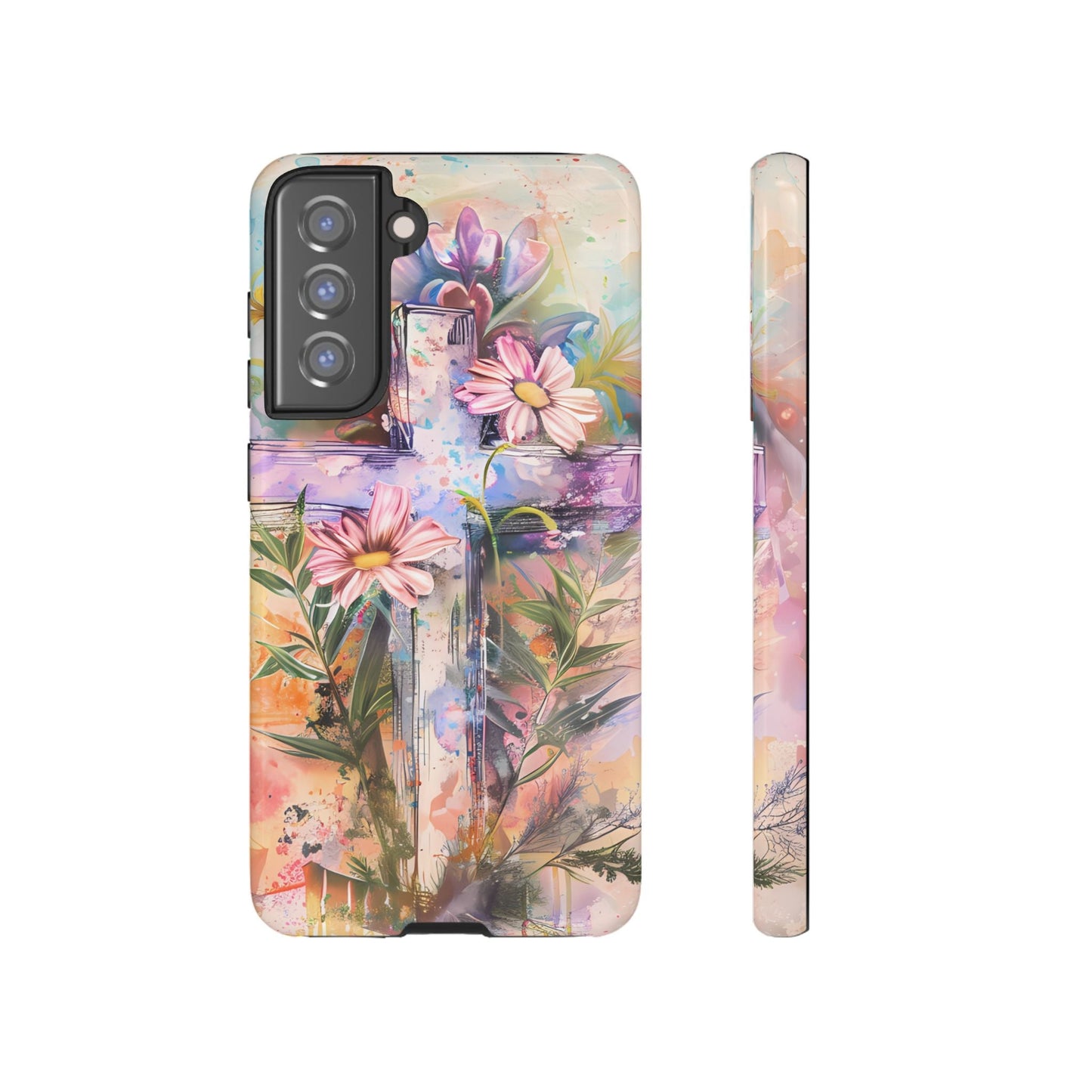 Watercolor Cross & Floral Art - Samsung Galaxy Case, Inspirational & Protective - BOGO Cases