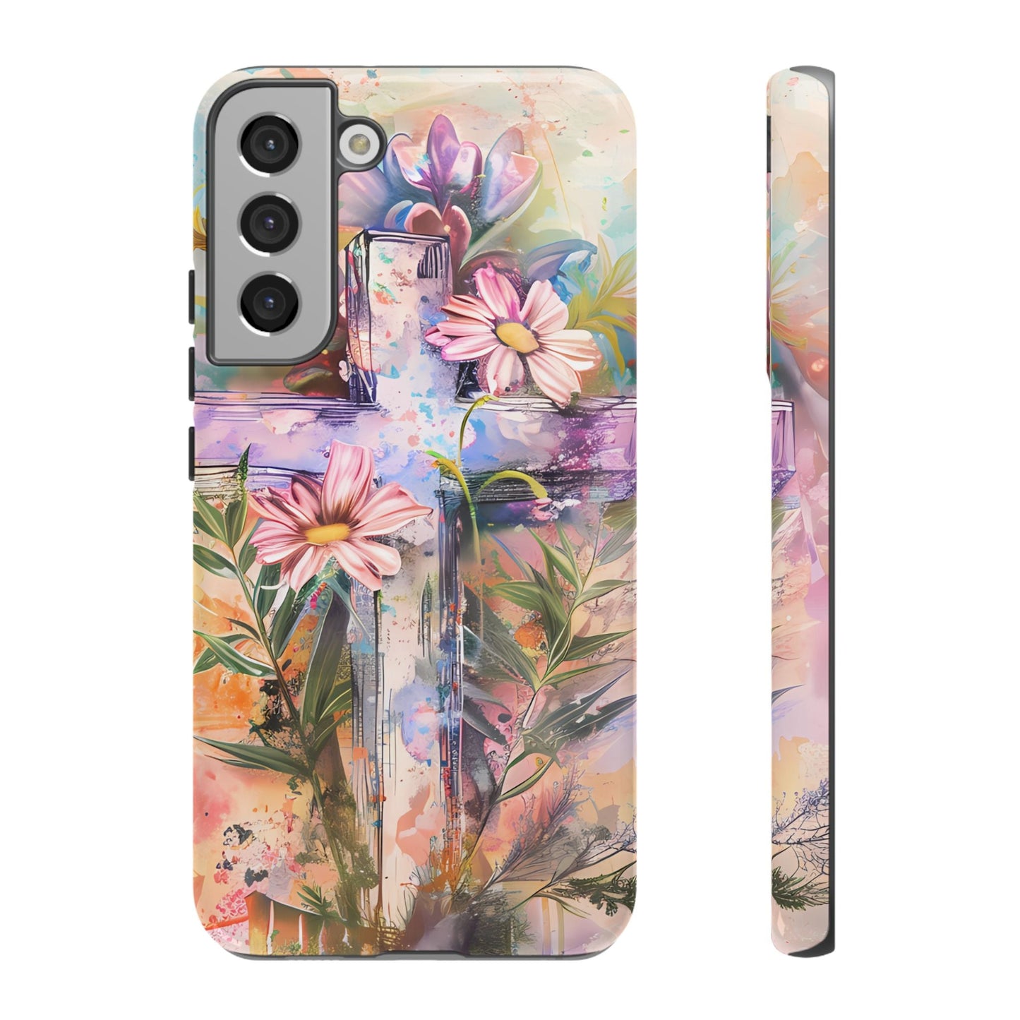 Watercolor Cross & Floral Art - Samsung Galaxy Case, Inspirational & Protective - BOGO Cases