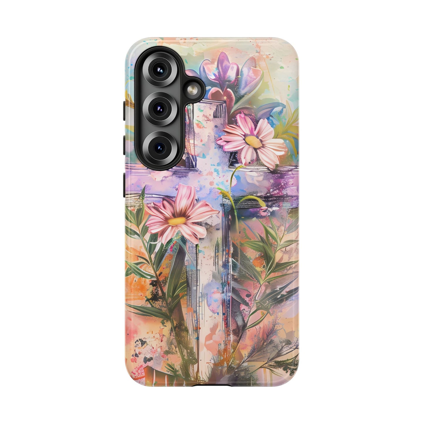 Watercolor Cross & Floral Art - Samsung Galaxy Case, Inspirational & Protective - BOGO Cases