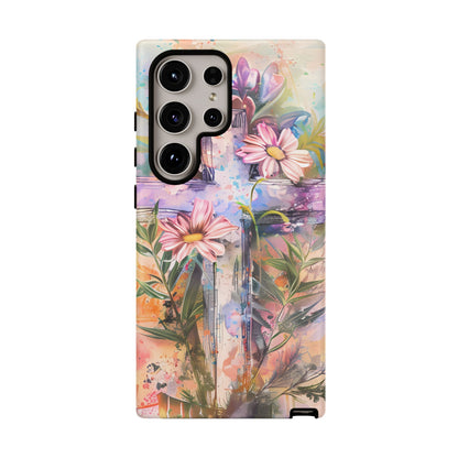 Watercolor Cross & Floral Art - Samsung Galaxy Case, Inspirational & Protective - BOGO Cases