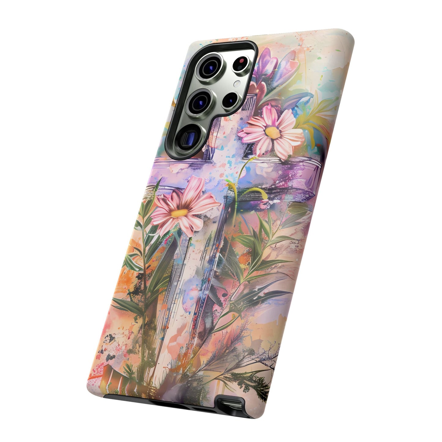 Watercolor Cross & Floral Art - Samsung Galaxy Case, Inspirational & Protective - BOGO Cases