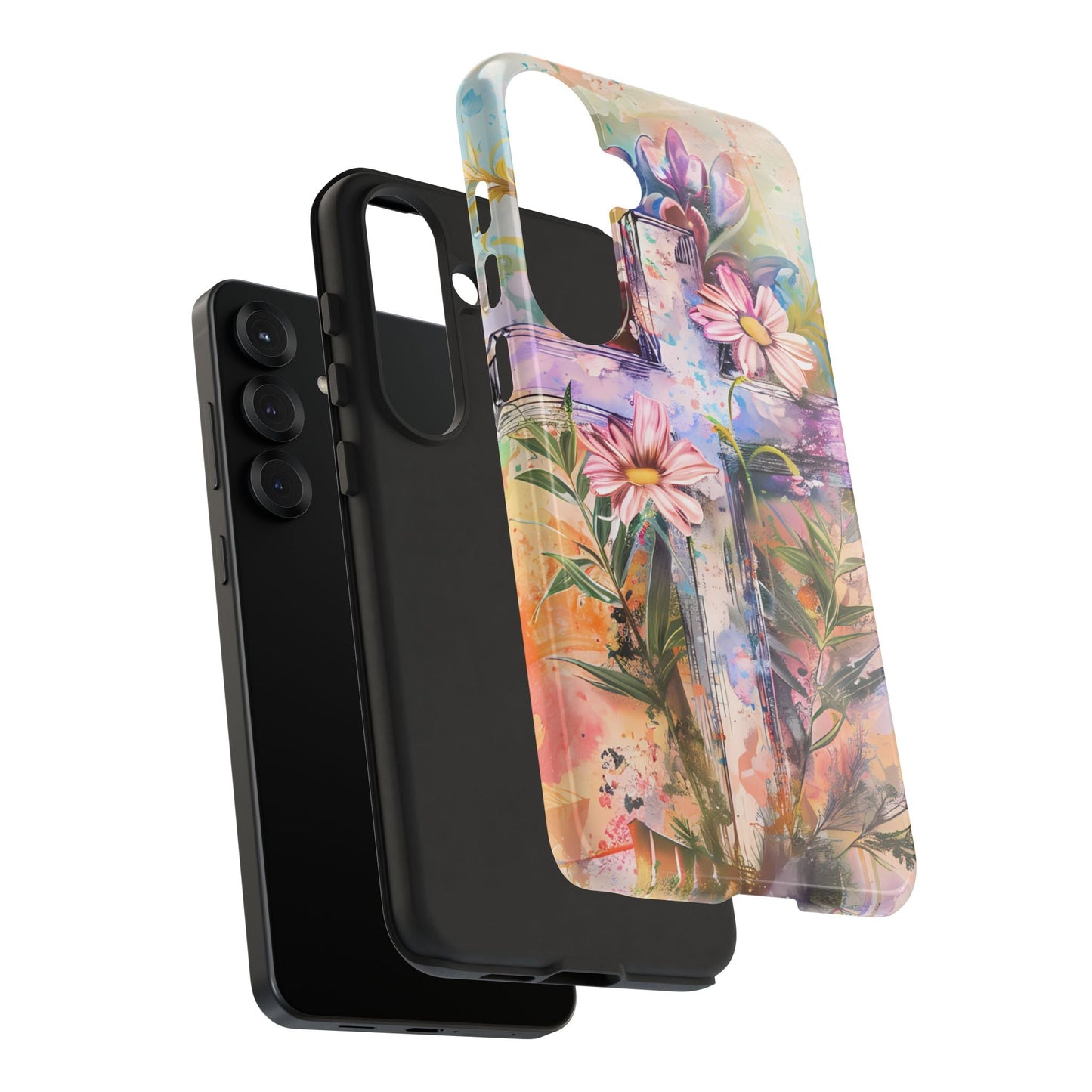 Watercolor Cross & Floral Art - Samsung Galaxy Case, Inspirational & Protective - BOGO Cases