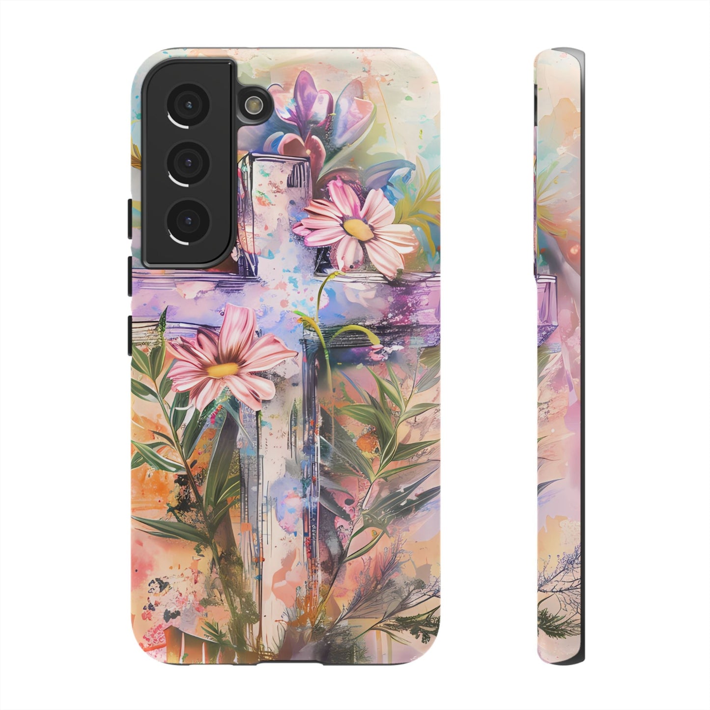 Watercolor Cross & Floral Art - Samsung Galaxy Case, Inspirational & Protective - BOGO Cases
