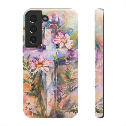 Watercolor Cross & Floral Art - Samsung Galaxy Case, Inspirational & Protective - BOGO Cases
