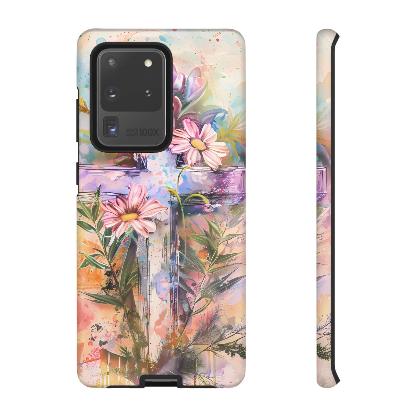 Watercolor Cross & Floral Art - Samsung Galaxy Case, Inspirational & Protective - BOGO Cases
