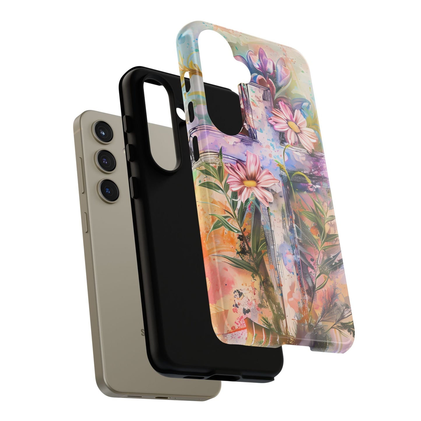 Watercolor Cross & Floral Art - Samsung Galaxy Case, Inspirational & Protective - BOGO Cases