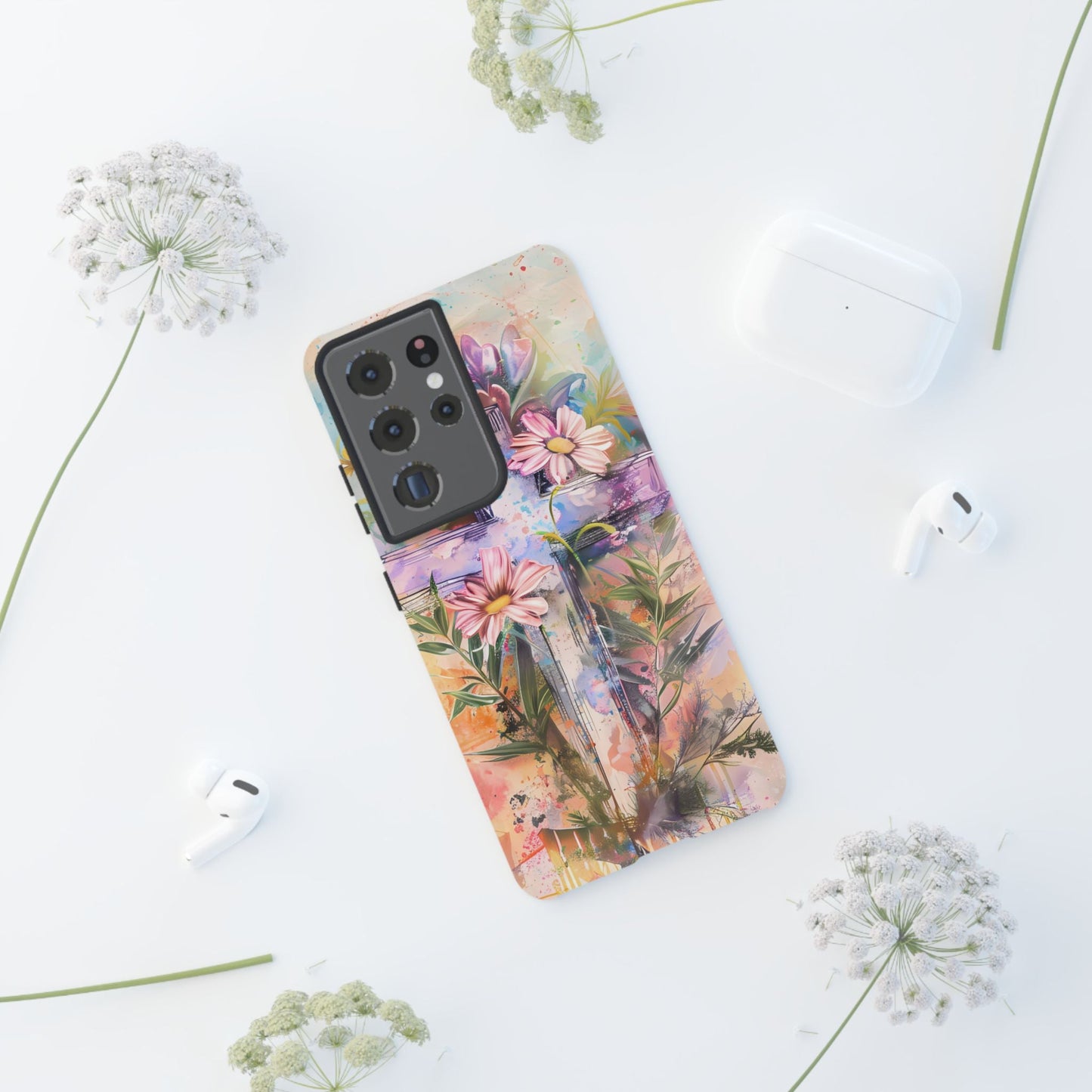 Watercolor Cross & Floral Art - Samsung Galaxy Case, Inspirational & Protective - BOGO Cases