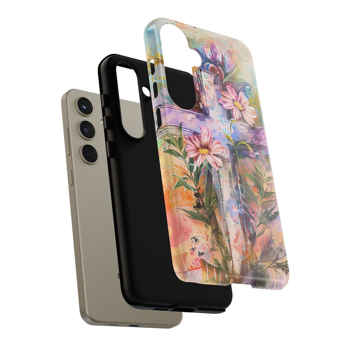 Watercolor Cross & Floral Art - Samsung Galaxy Case, Inspirational & Protective - BOGO Cases