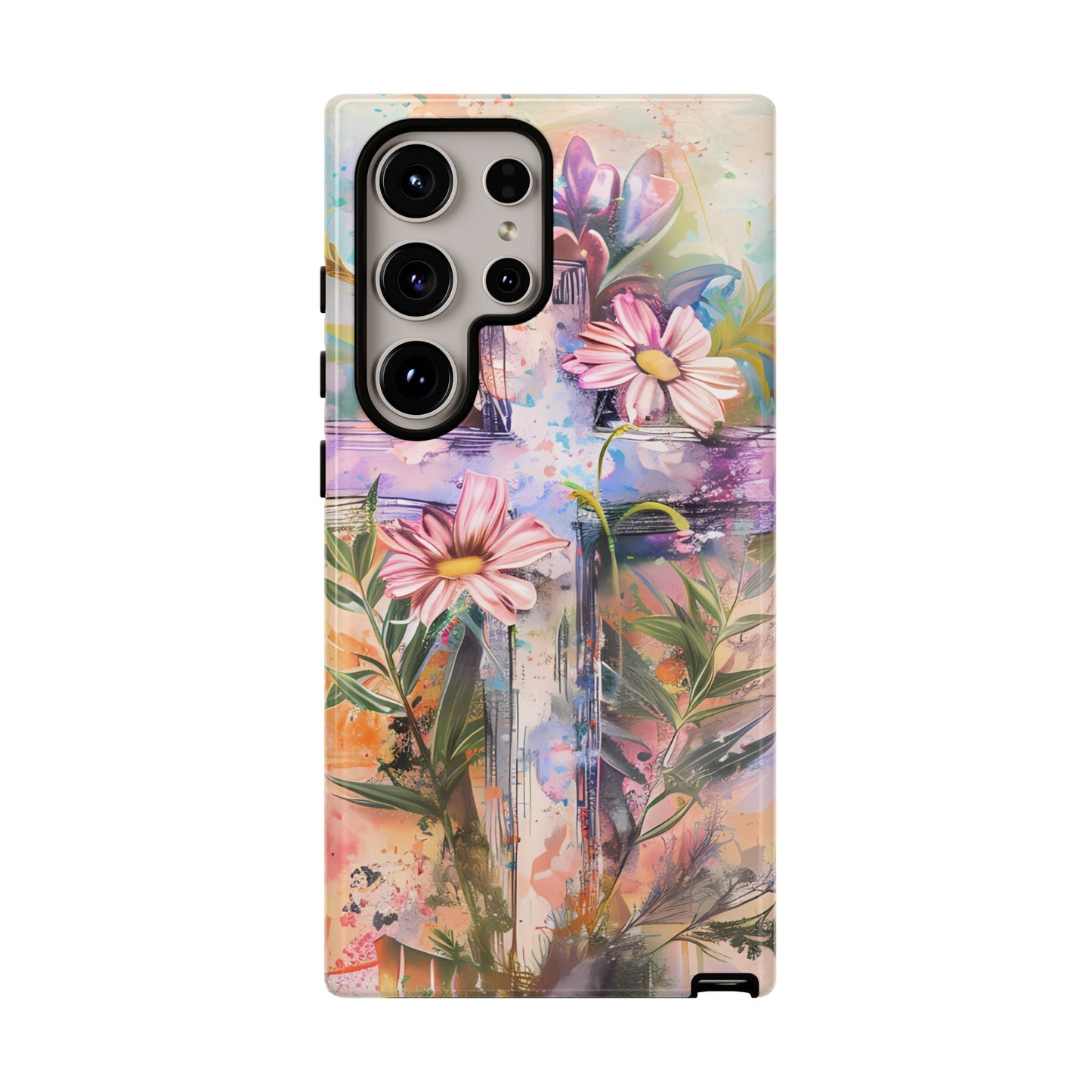 Watercolor Cross & Floral Art - Samsung Galaxy Case, Inspirational & Protective - BOGO Cases