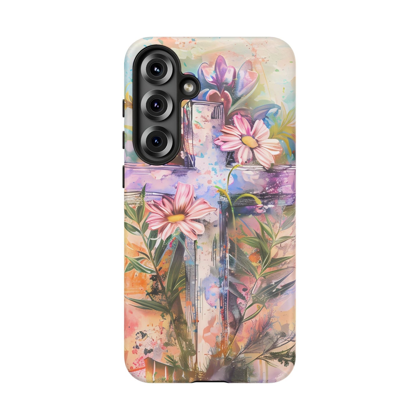 Watercolor Cross & Floral Art - Samsung Galaxy Case, Inspirational & Protective - BOGO Cases