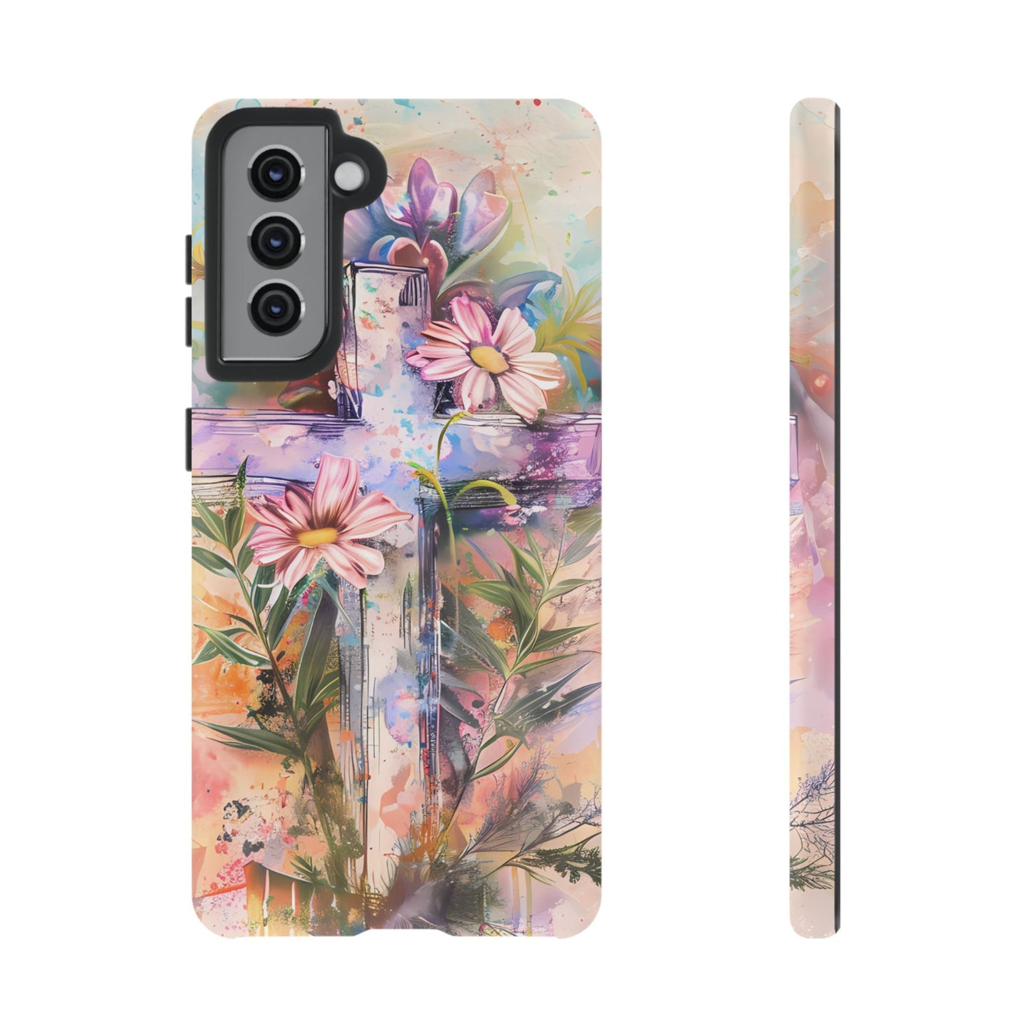 Watercolor Cross & Floral Art - Samsung Galaxy Case, Inspirational & Protective - BOGO Cases