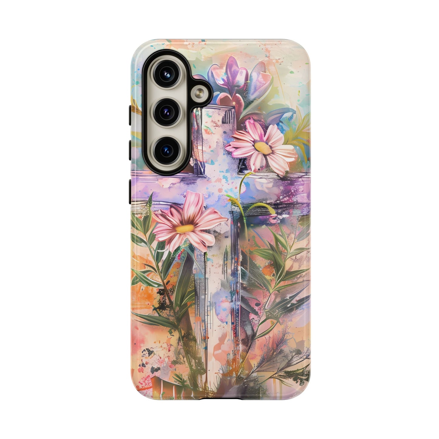 Watercolor Cross & Floral Art - Samsung Galaxy Case, Inspirational & Protective - BOGO Cases