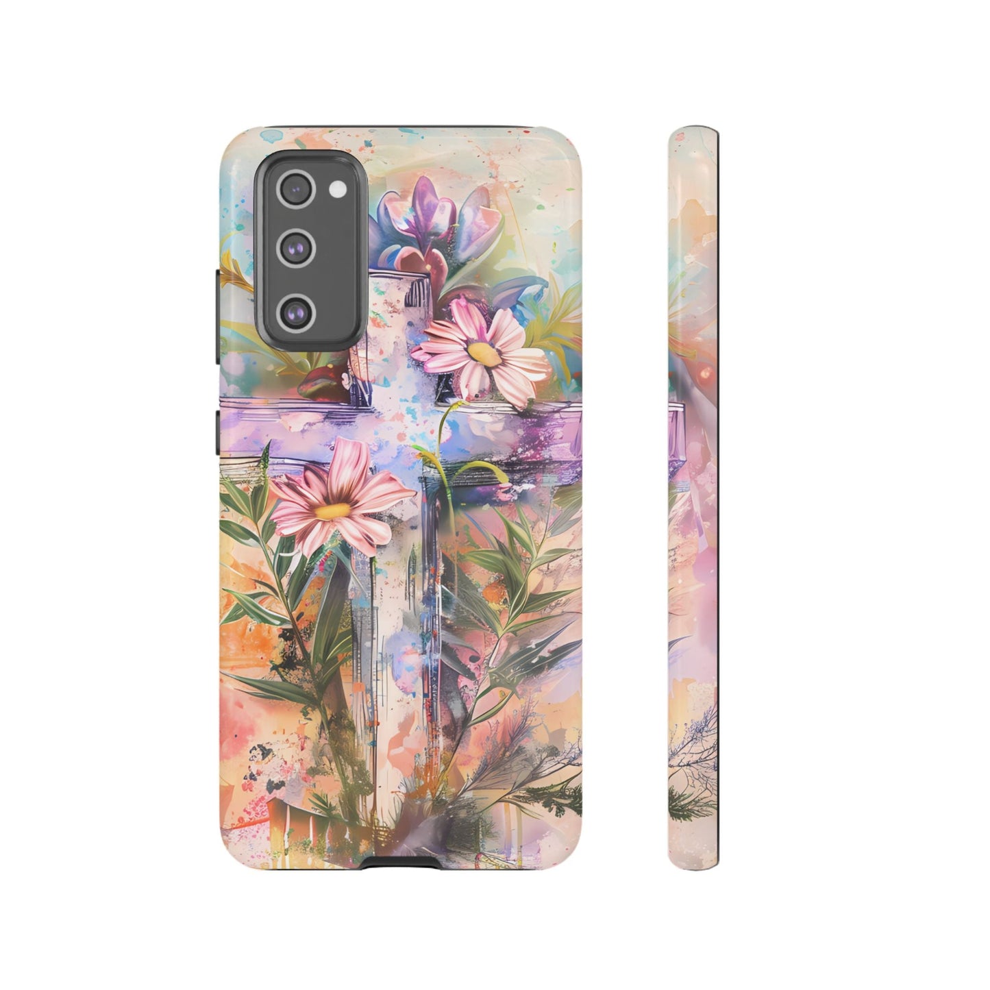 Watercolor Cross & Floral Art - Samsung Galaxy Case, Inspirational & Protective - BOGO Cases