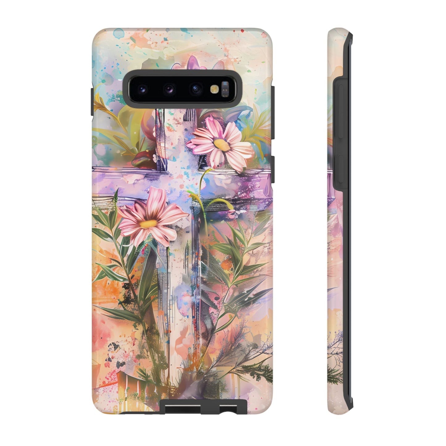 Watercolor Cross & Floral Art - Samsung Galaxy Case, Inspirational & Protective - BOGO Cases