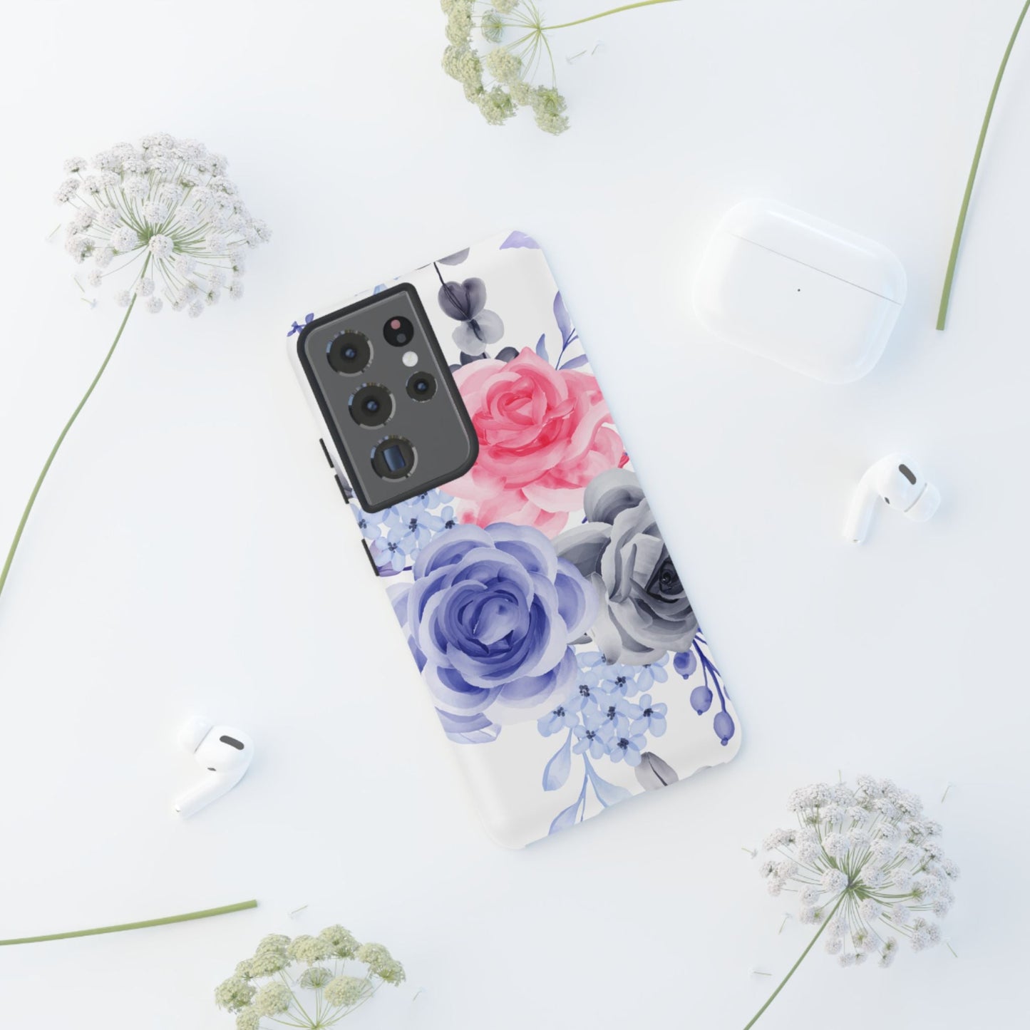 Watercolor Floral Samsung Galaxy Case – Elegant Pink, Blue & Gray Roses - BOGO Cases