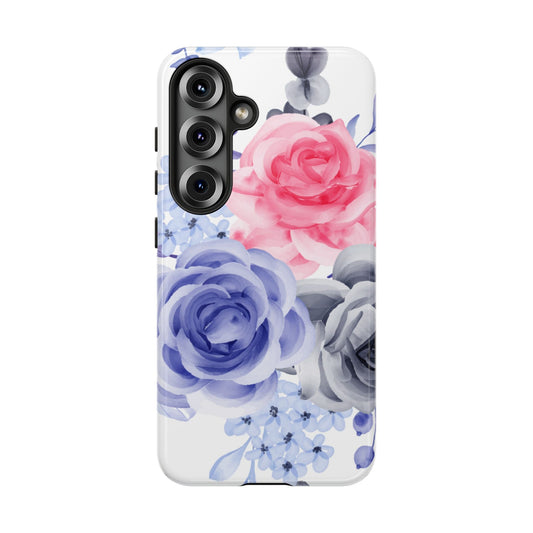 Watercolor Floral Samsung Galaxy Case – Elegant Pink, Blue & Gray Roses - BOGO Cases