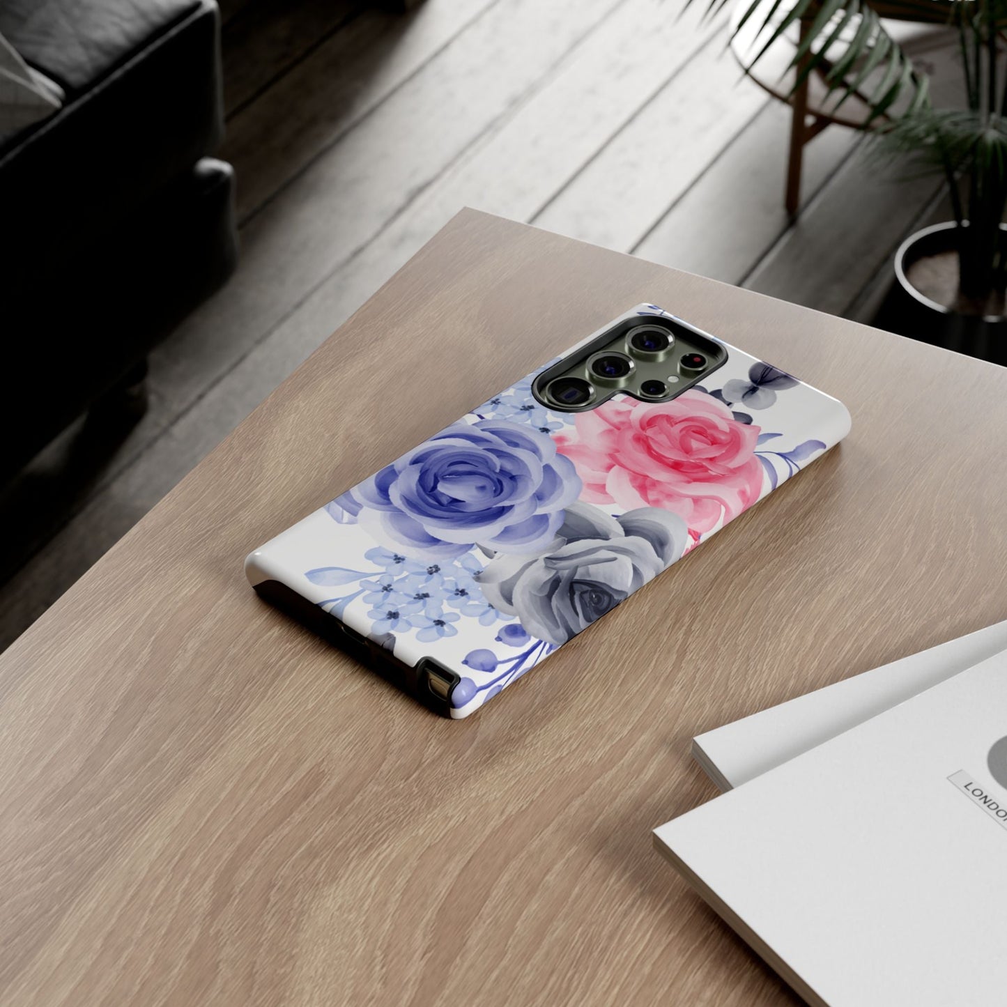 Watercolor Floral Samsung Galaxy Case – Elegant Pink, Blue & Gray Roses - BOGO Cases