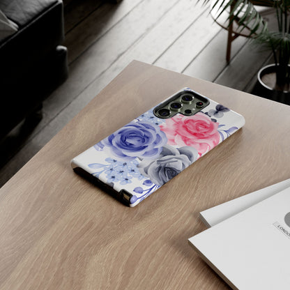 Watercolor Floral Samsung Galaxy Case – Elegant Pink, Blue & Gray Roses - BOGO Cases