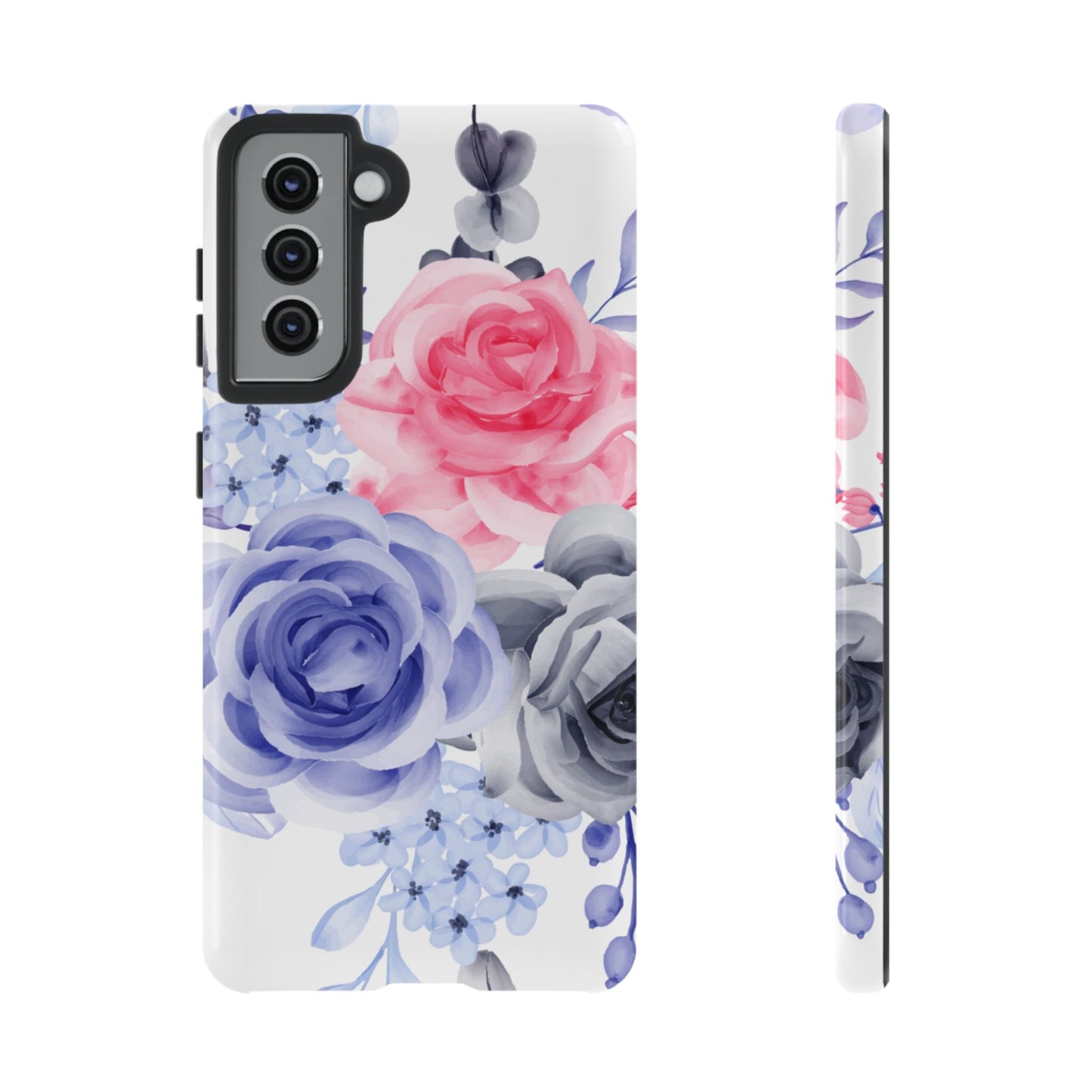 Watercolor Floral Samsung Galaxy Case – Elegant Pink, Blue & Gray Roses - BOGO Cases