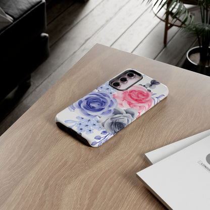 Watercolor Floral Samsung Galaxy Case – Elegant Pink, Blue & Gray Roses - BOGO Cases
