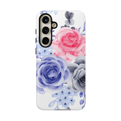 Watercolor Floral Samsung Galaxy Case – Elegant Pink, Blue & Gray Roses - BOGO Cases