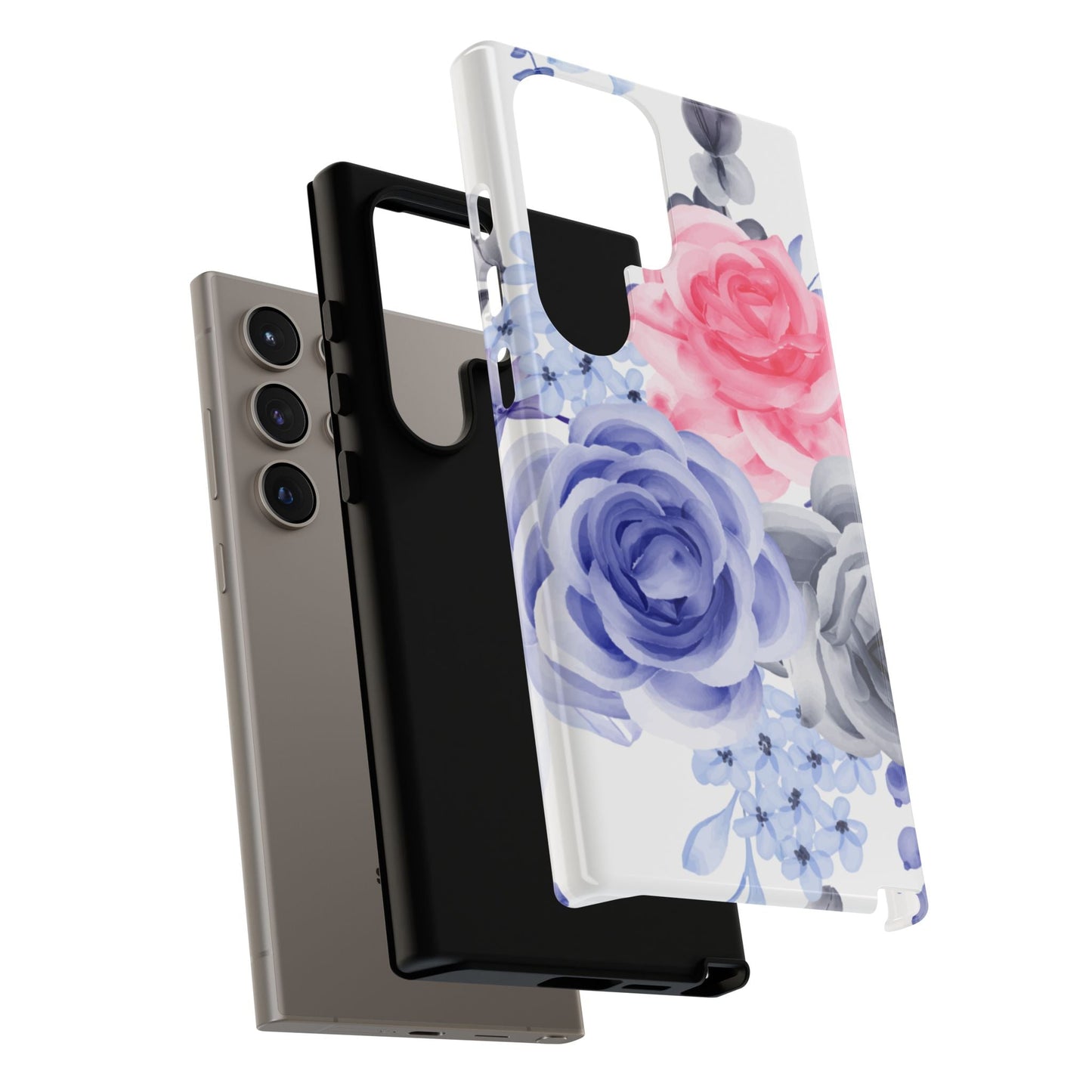 Watercolor Floral Samsung Galaxy Case – Elegant Pink, Blue & Gray Roses - BOGO Cases