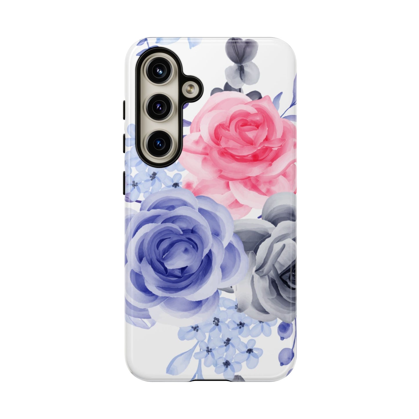 Watercolor Floral Samsung Galaxy Case – Elegant Pink, Blue & Gray Roses - BOGO Cases