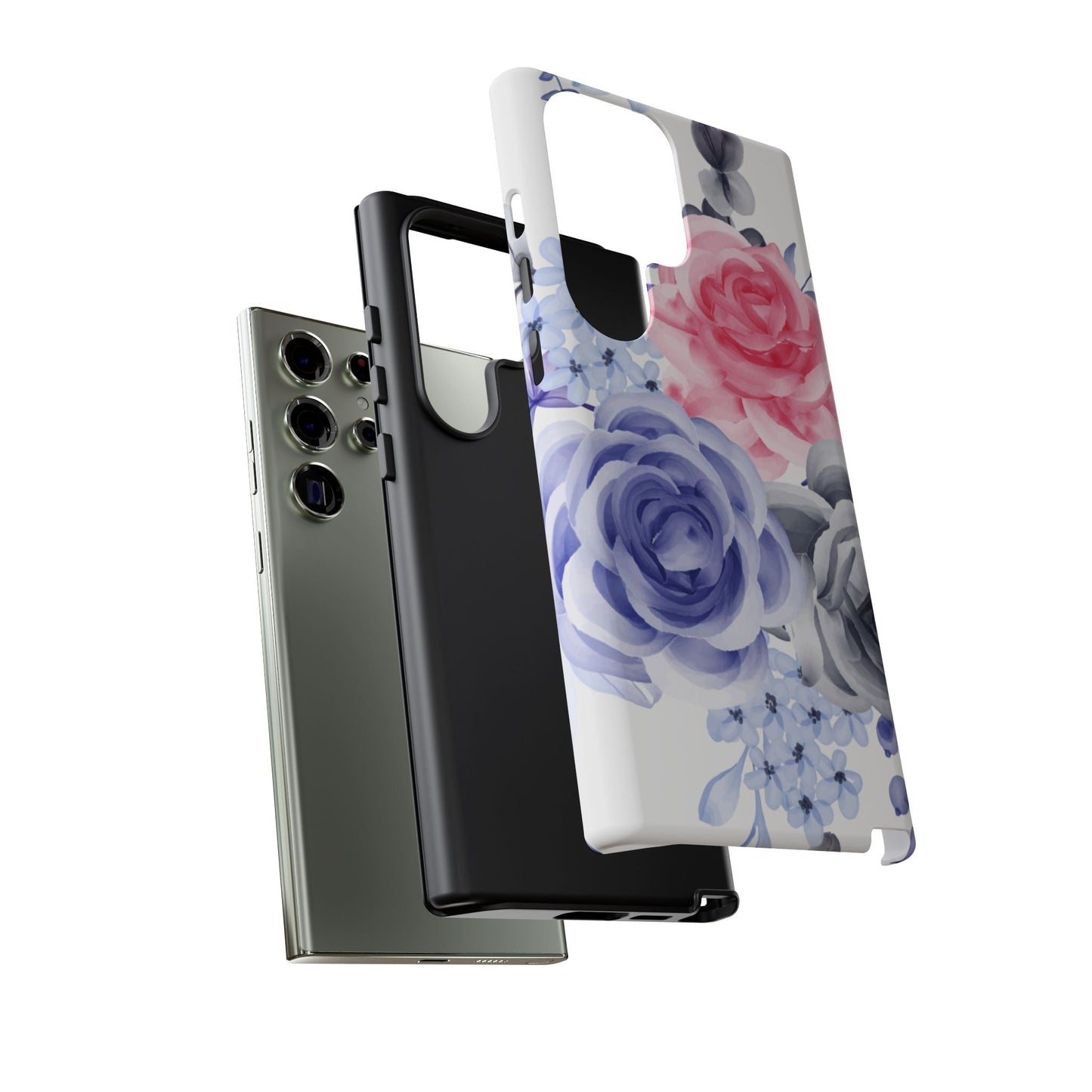 Watercolor Floral Samsung Galaxy Case – Elegant Pink, Blue & Gray Roses - BOGO Cases