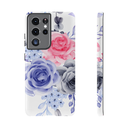 Watercolor Floral Samsung Galaxy Case – Elegant Pink, Blue & Gray Roses - BOGO Cases