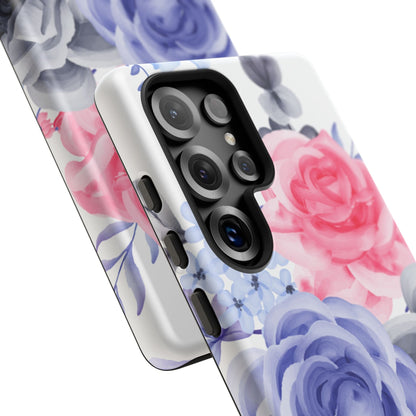 Watercolor Floral Samsung Galaxy Case – Elegant Pink, Blue & Gray Roses - BOGO Cases