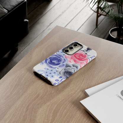 Watercolor Floral Samsung Galaxy Case – Elegant Pink, Blue & Gray Roses - BOGO Cases