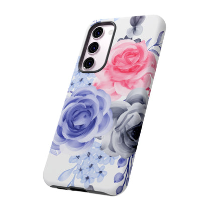 Watercolor Floral Samsung Galaxy Case – Elegant Pink, Blue & Gray Roses - BOGO Cases
