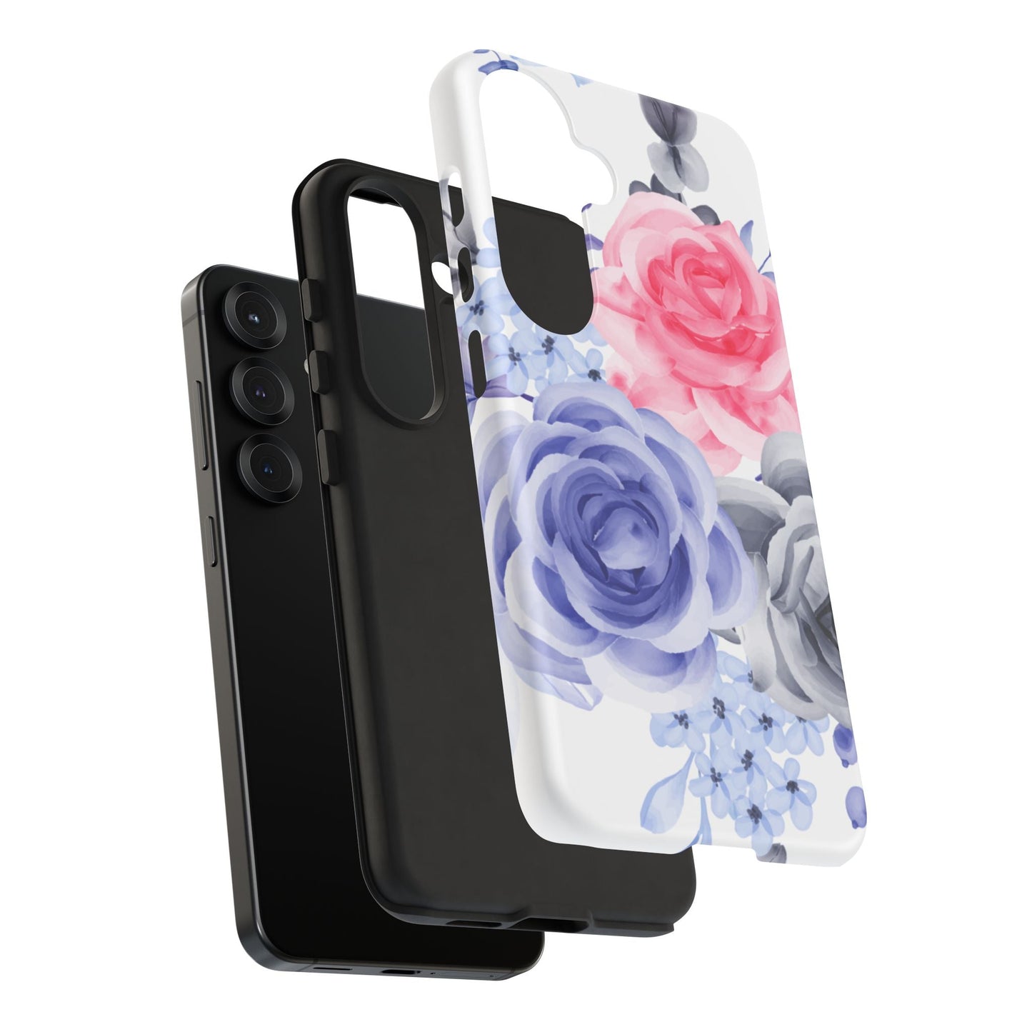 Watercolor Floral Samsung Galaxy Case – Elegant Pink, Blue & Gray Roses - BOGO Cases