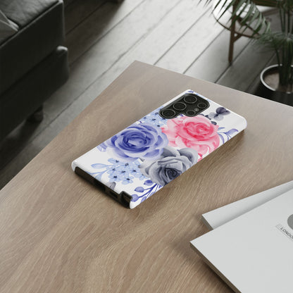Watercolor Floral Samsung Galaxy Case – Elegant Pink, Blue & Gray Roses - BOGO Cases