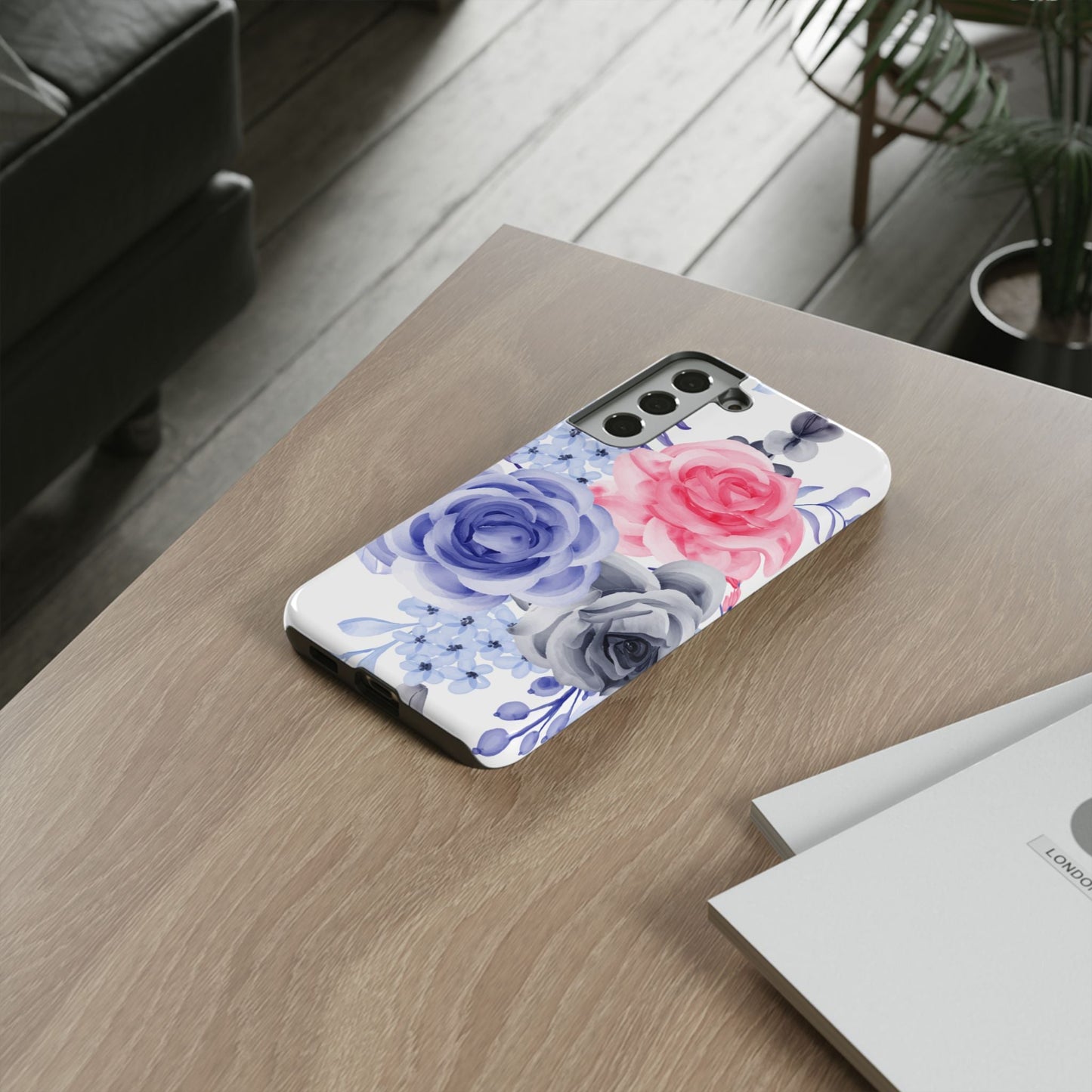Watercolor Floral Samsung Galaxy Case – Elegant Pink, Blue & Gray Roses - BOGO Cases