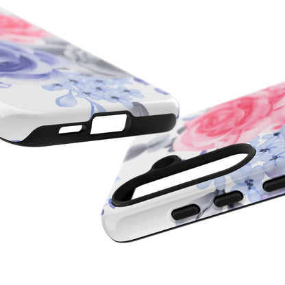 Watercolor Floral Samsung Galaxy Case – Elegant Pink, Blue & Gray Roses - BOGO Cases